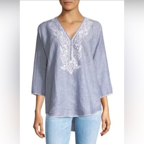 Saks Fifth Avenue Tops - GUC Saks Fifth Avenue- OVERSIZED EMBROIDERED LINEN TOP IN LIGHT BLUE. Size L